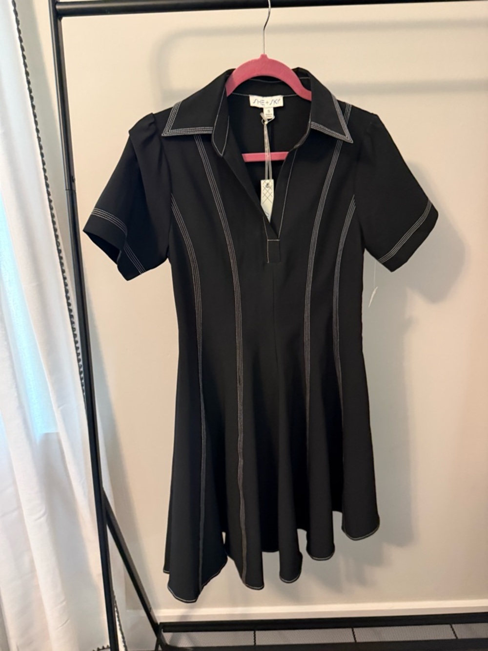 She + Sky Black Mini Dress with Contrast Stitching